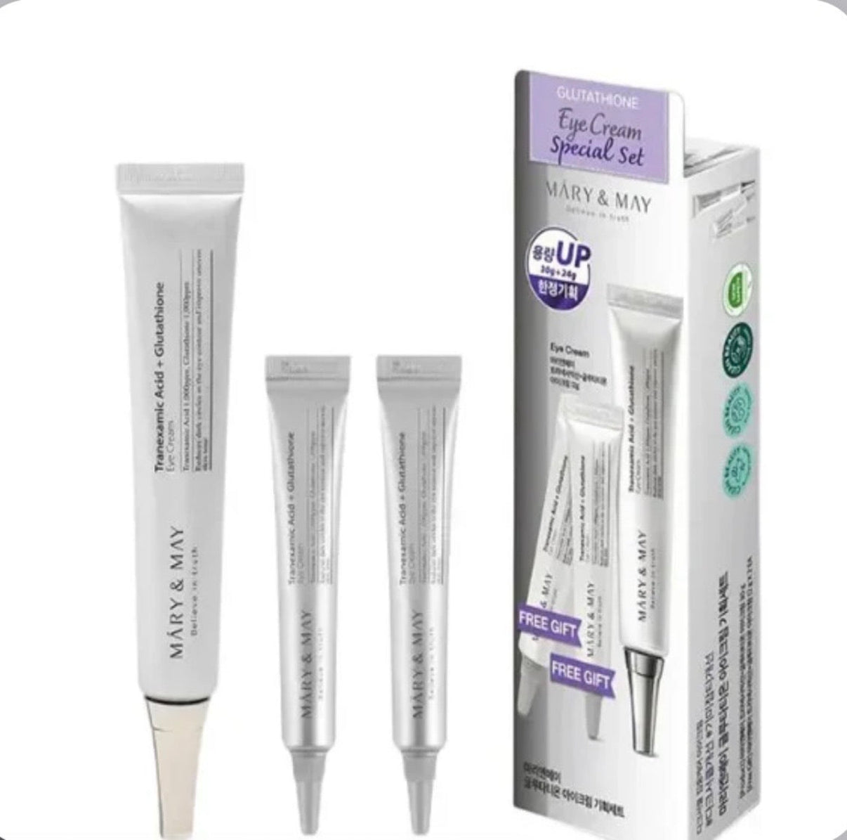 Mary And May OFFRE SPECIAL TRANEXAMIC ACID + GLUTATHIONE CREME YEUX 30 G + 2 FORMAT 12 G OFFERT